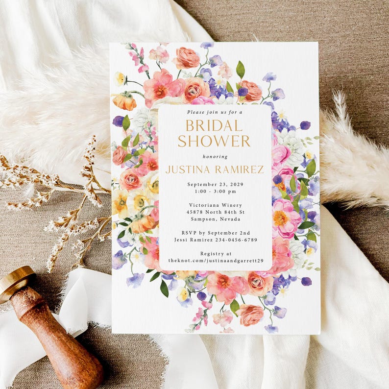 Floral Bridal Shower Thank You Card Printed and Personalized: with Envelopes, pastel wildflowers, T122 image 4