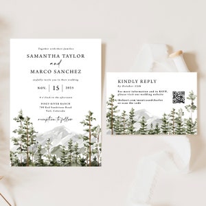 Mountain Wedding Invitation with QR code, Printed invitation suite, Colorado, rustic wedding, pine tree invites, watercolor, forest, W193