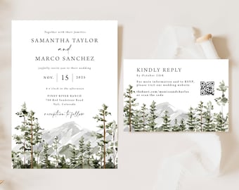 Mountain Wedding Invitation with QR code, Printed invitation suite, Colorado, rustic wedding, pine tree invites, watercolor, forest, W193