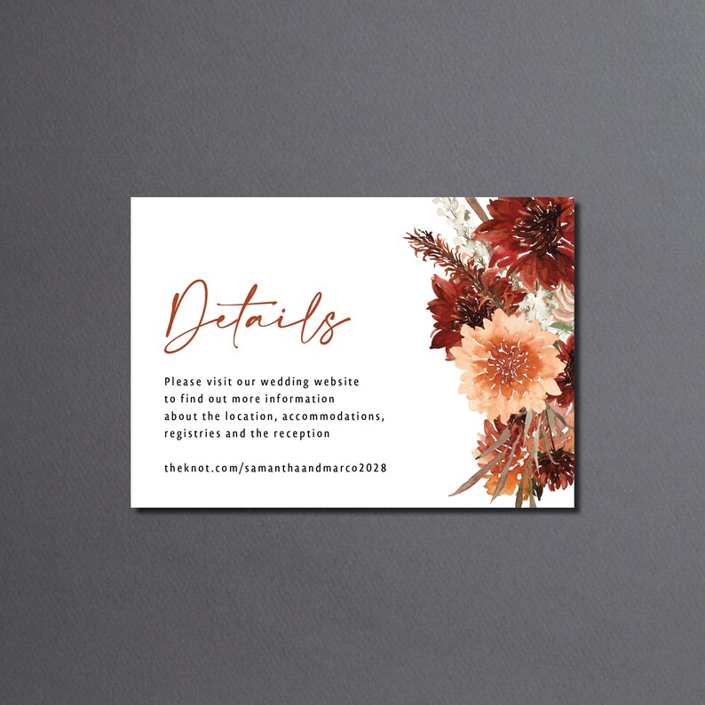Terracotta Wedding Invitation suite printed: RSVP and details card, fall floral wedding, W130 image 7
