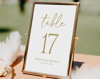Gold Wedding Table Number Printed and Personalized: Reception Decor, Simple Modern Wedding, TN139
