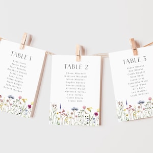 May include: Three white cards with guest names for tables 1, 2, and 3, held by wooden clips. Each card has a floral border with colorful wildflowers. The text on the cards lists names for each table.