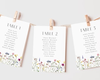 Wildflower Seating Chart Cards Printed: Wedding Reception or Bridal Shower Table Decor, SC123