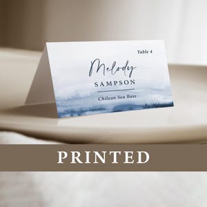 Beach Wedding Place Cards with Meal Choice printed, place cards with names, nautical wedding place cards, blue and white, PC137