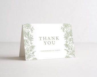 Sage Green Wedding Thank You Cards Personalized Names: printed with envelopes, Toile floral, T200