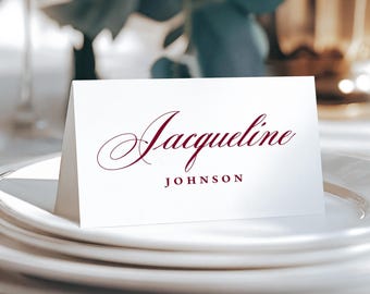 Burgundy Place Cards printed with personalized names: classic rehearsal dinner, wedding, shower PC253