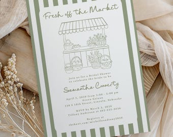 Fresh off the Market Bridal Shower Invitation Printed: sage green florals and stripes, B149