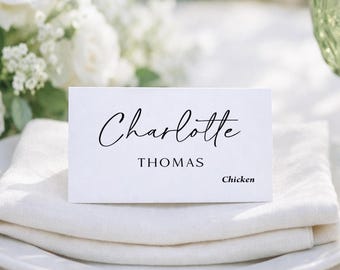 Simple Place Cards with Meal Choice printed personalized names: rehearsal dinner wedding PC123