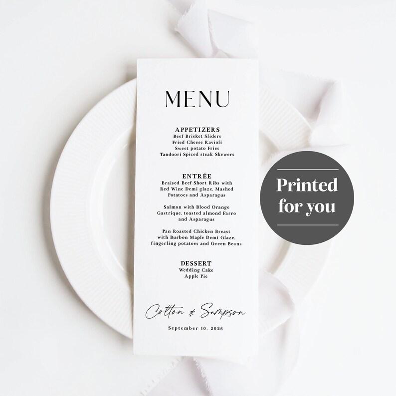 Printed Wedding Menu printed, dinner menu cards, reception menu, wedding reception, black and white wedding menu, M101 image 2