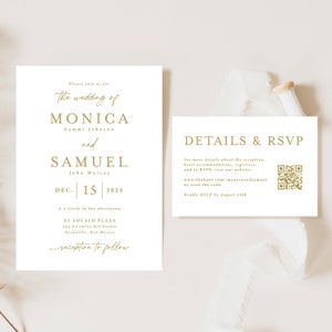 Gold Wedding Invitation with QR code Printed, wedding invite suite, gold invitation, qr rsvp card, W153