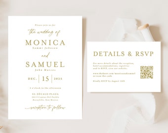 Gold Wedding Invitation with QR code Printed, wedding invite suite, gold invitation, qr rsvp card, W153