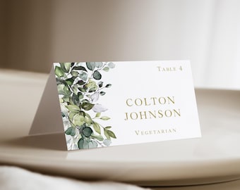 Tarjetas de mesa con diseño verde y dorado, con la opción de menú impresa: nombres personalizados, recepción de boda, PC166