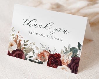 Burgundy Floral Wedding Thank You Card Printed with envelopes: fall or winter, personalized T186