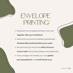 May include: A graphic with green abstract shapes and white text that reads "ENVELOPE PRINTING:". The text below the title provides instructions for ordering envelope printing, including adding it to the cart with invitations, proofreading the address spreadsheet, and receiving proofs within 24 hours.