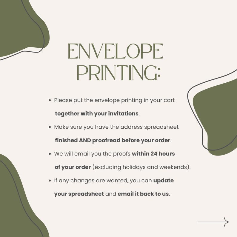 May include: A graphic with green abstract shapes and white text that reads "ENVELOPE PRINTING:". The text below the title provides instructions for ordering envelope printing, including adding it to the cart with invitations, proofreading the address spreadsheet, and receiving proofs within 24 hours.