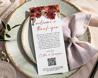 Terracotta Wedding Thank You Card Printed, qr code photo sharing, fall reception welcome, T174