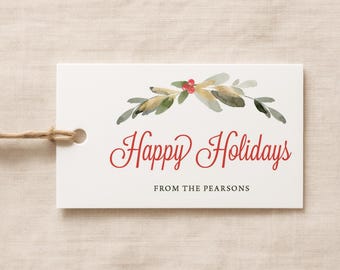 Happy Holidays Gift Tags Printed, Includes Twine, Names Personalized, Green and Red, garland CT127B