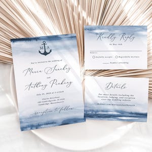 Nautical Wedding Invitation Suite Printed: navy nautical anchor, beach destination, RSVP details card