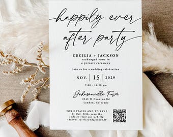 Happily Ever After Invitation QR Code Printed: Wedding Reception or Party with RSVP, W103