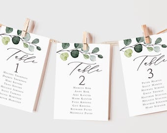Eucalyptus Wedding Seating Chart Cards Printed: 5x7 or 4x6, Elegant Greenery Reception Decor, SC104