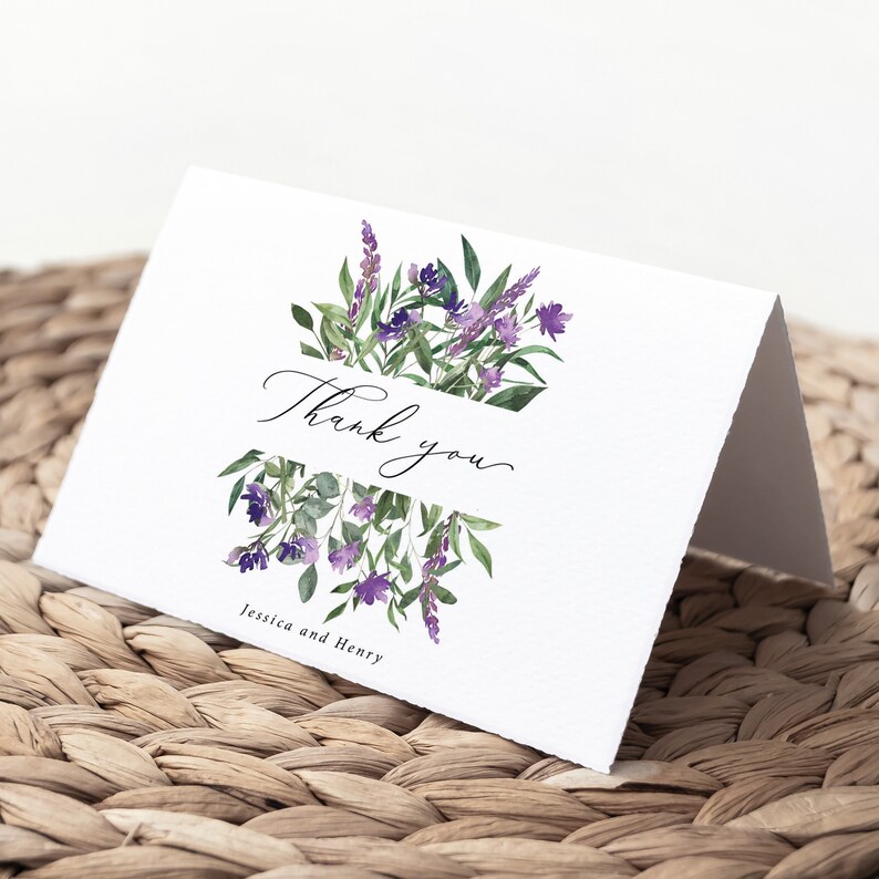 Purple Floral Wedding Thank You Card Printed