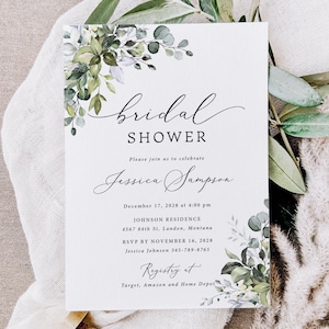 Eucalyptus Bridal Shower Invitation printed: includes envelopes, elegant greenery, B118