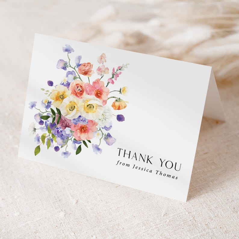 Floral Bridal Shower Thank You Card Printed and Personalized: with Envelopes, pastel wildflowers, T122 image 6