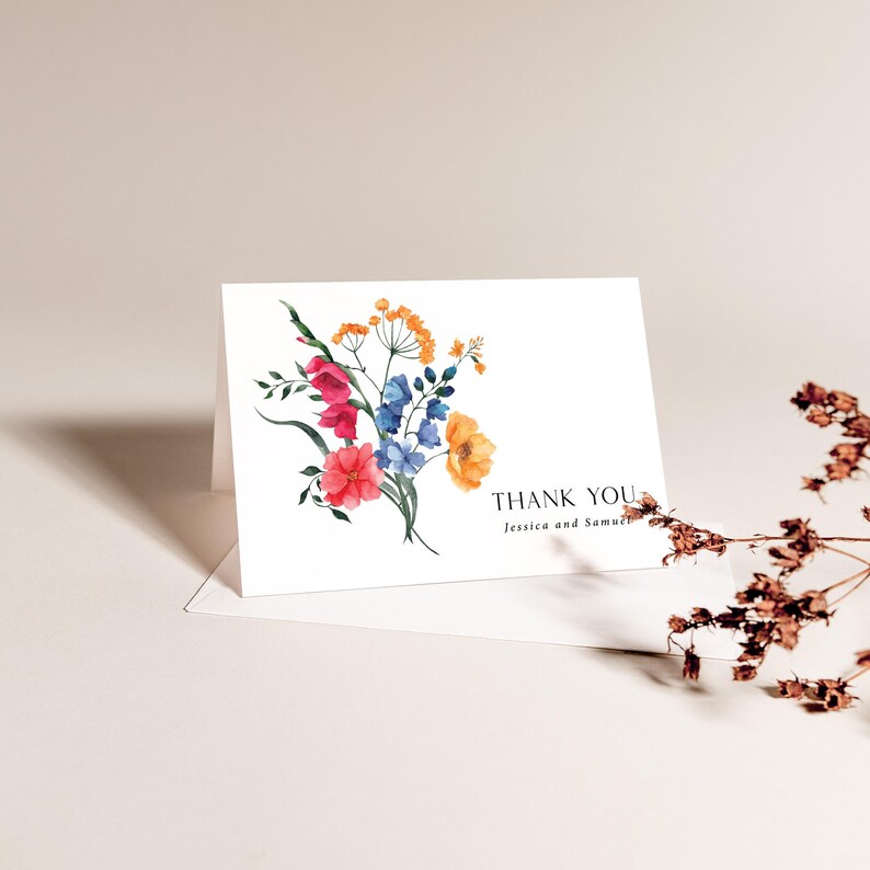 Wildflowers Thank You Card Printed, wedding or bridal shower, Personalized, folded with Envelopes, T125 画像 5