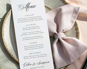 Classic Wedding Menu Printed: black and white, rehearsal dinner or shower party, M153