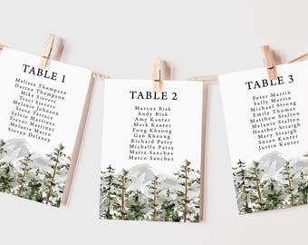 Mountain Wedding Seating Chart Cards Printed, Forest Reception Table Assignments, Rustic Wedding Decor, SC111