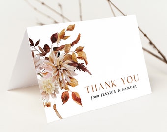 Fall Wedding Thank You Card Printed, with Envelopes, Wedding Thank you, Folded Thank You Card, printed, T116