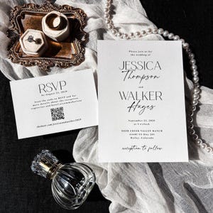 Simple Wedding Invitation Suite Printed: qr code rsvp, details card, with envelopes, W236