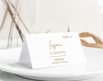 Gold Wedding Place Cards with Meal Choice and Allergies printed: personalized name, reception, PC169