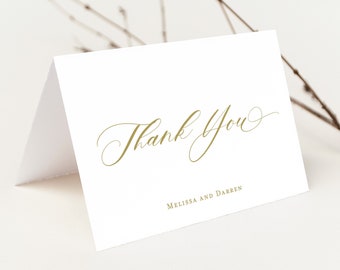 Gold Calligraphy Wedding Thank You Card printed, with Envelopes, gold and white, Folded Thank You Card, formal wedding, T106