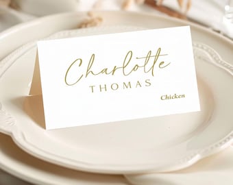 Simple Gold Place Cards with Meal Choice printed personalized names: rehearsal dinner wedding PC233