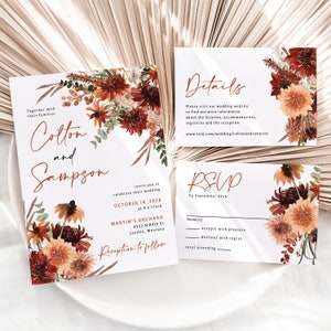 May include: Wedding invitation suite with a floral design featuring fall colors like orange, red, and brown. The invitation includes the names "Cotton and Sampson", the date "October 14, 2028", and the time "6 o'clock". The RSVP card includes a space for the guest's name, a checkbox to accept or decline the invitation, and a space for the total number of guests attending.