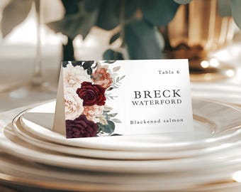 Blush and Burgundy Wedding Place Cards with meal choice printed: winter fall florals, PC210