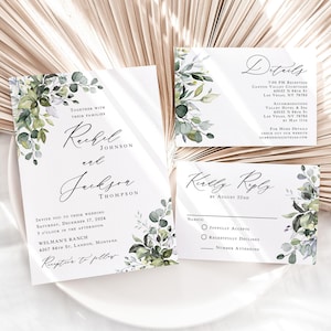 Eucalyptus Wedding Invitation Suite Printed: RSVP and Details Card, includes envelopes
