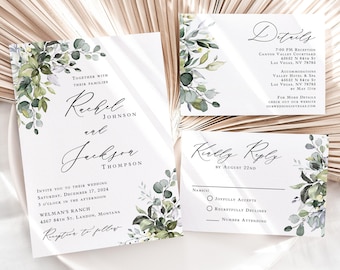 Eucalyptus Wedding Invitation Printed, Backyard Wedding, Botanical invitation suite, outdoor wedding, garden wedding, invitation set, W162