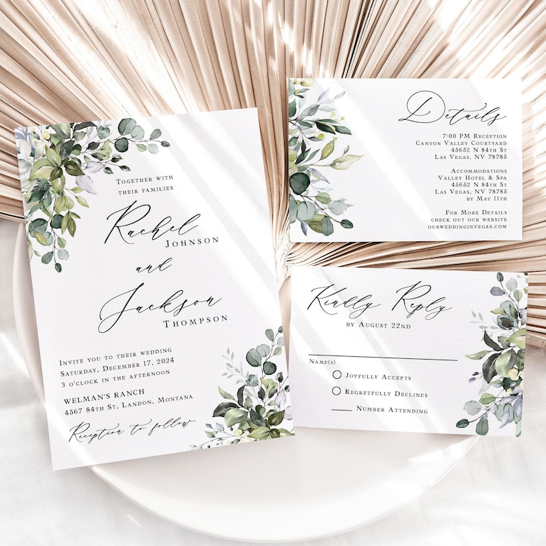 Eucalyptus Wedding Invitation Suite Printed: RSVP and Details Card, includes envelopes