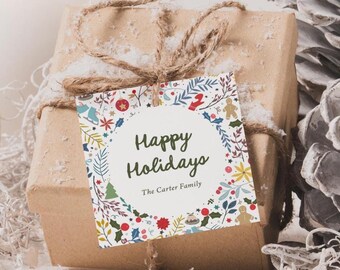 Whimsical Happy Holidays Square Gift Tags Printed, Includes Twine, Names Personalized, CT129