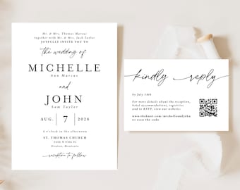 Simple Wedding Invitation with QR code Printed: black and white, parents names, RSVP, W124