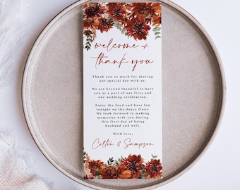 Fall Wedding Table Welcome and Thank You Cards: Personalized Reception Place Card T188