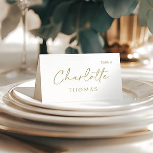 May include: A white folded place card with gold lettering. The text reads Charlotte in a cursive script, THOMAS in a sans-serif font, and Table 5 in the upper right corner. The card is positioned on a stack of white ceramic plates.