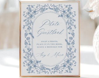 Blue Floral Photo Guestbook Sign printed: 5x7 4x6 or 8x10, wedding reception decor, WS149
