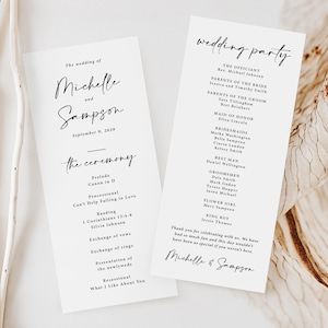Simple Wedding Program Card Printed, church order of ceremony, double sided, 4x9 inches, P101