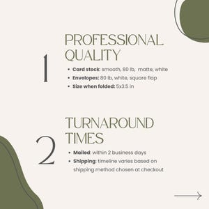 The image is a list of features or characteristics for a professional quality card stock, envelopes, and turnaround times.