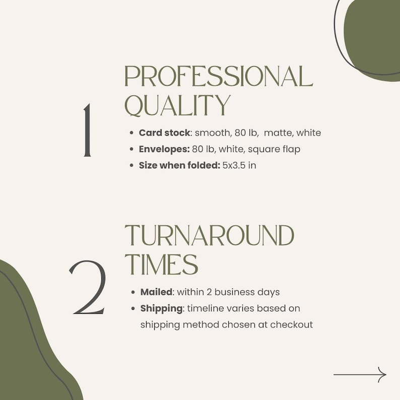 The image is a list of features or characteristics for a professional quality card stock, envelopes, and turnaround times.