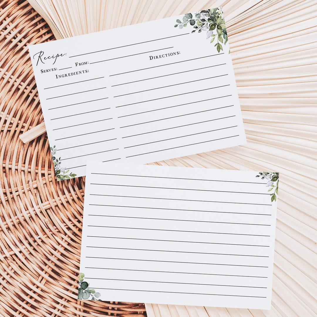 Eucalyptus Recipe Cards Printed, Bridal Shower Recipe Cards, Bridal