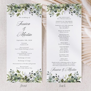 May include: Two rectangular wedding program cards featuring watercolor green eucalyptus leaves at the top and bottom. The front lists Jessica and Martin, September 9th, 2028, and the ceremony order. The back lists the wedding party members.